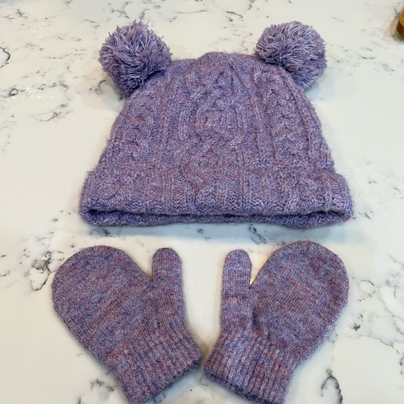 Purple Double Pom Pom Hat Beanie Mittens Set 12-24 Month. - Picture 2 of 5